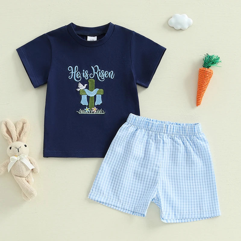 Toddler boy Easter outfit: short-sleeve bunny embroidery tee with plaid shorts for boys 0–3 years