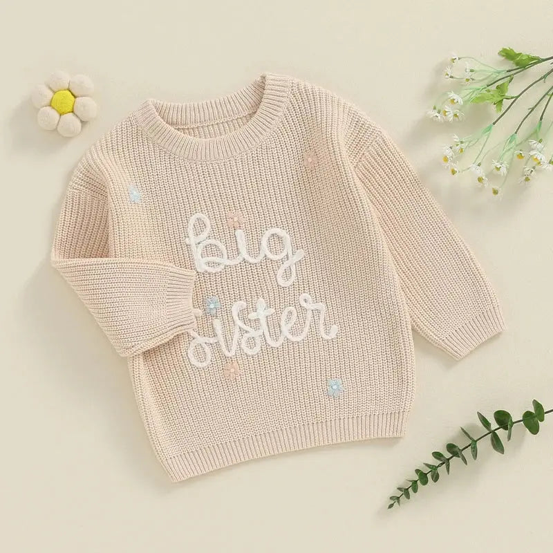 Big Sister Sweaters Cute Long Sleeve Letter Embroidery Knit Pullover Toddler Loose Tops