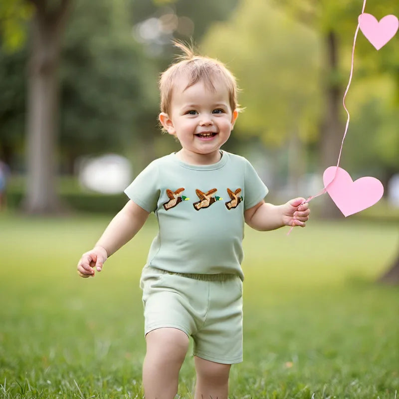 Lioraitiin Toddler Baby Boy Summer Set – Fish/Duck Embroidery Shirt + Shorts