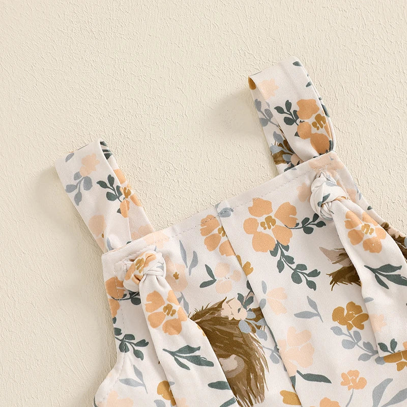 Baby girl cowgirl romper with cow-print bell-bottom overalls and adjustable suspenders – toddler Western outfit