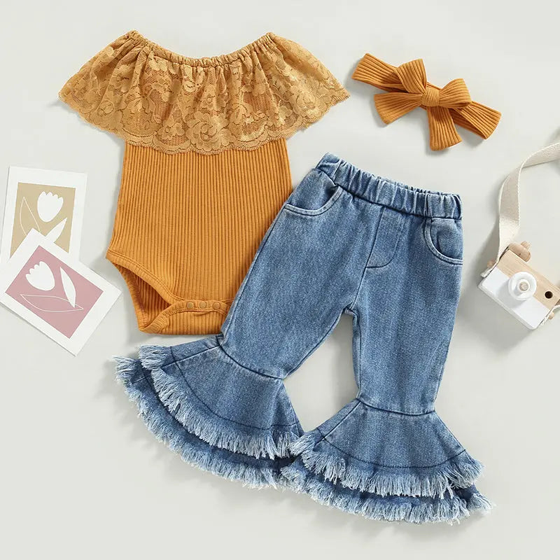 2023-01-07 Lioraitiin 0-24M Infant Baby Girls 3Pcs Summer Pants Set Sleeveless Lace Patchwork Romper with Tasseled Flare Pants