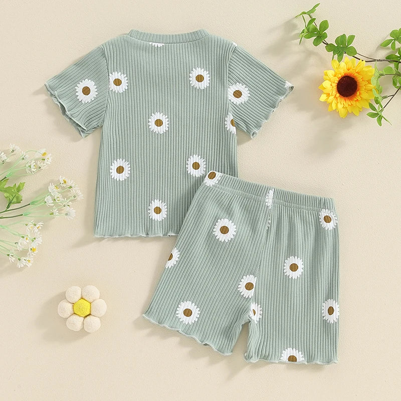 Toddler baby girl summer outfit set with ribbed ruffle short sleeve top and matching shorts – cute infant clothing for girls