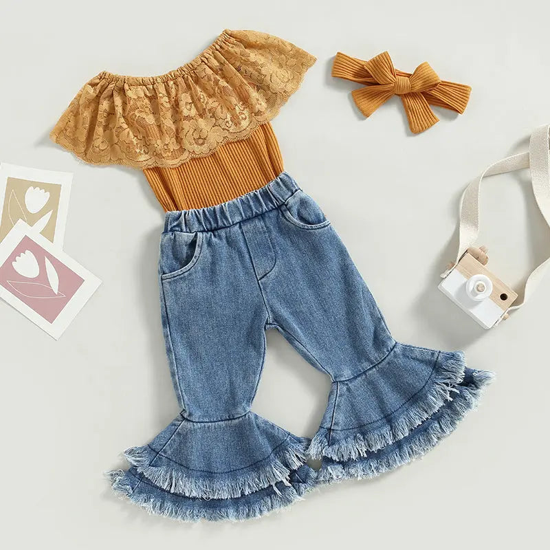2023-01-07 Lioraitiin 0-24M Infant Baby Girls 3Pcs Summer Pants Set Sleeveless Lace Patchwork Romper with Tasseled Flare Pants