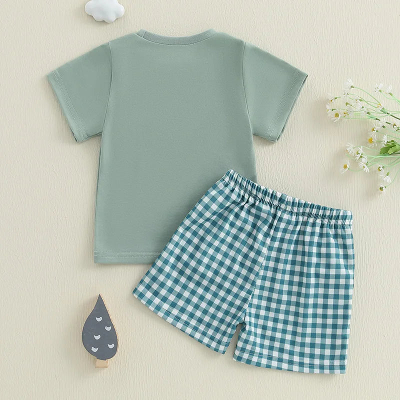 Baby boy summer outfit featuring short-sleeve embroidered fish/duck T-shirt and plaid or solid shorts for toddlers