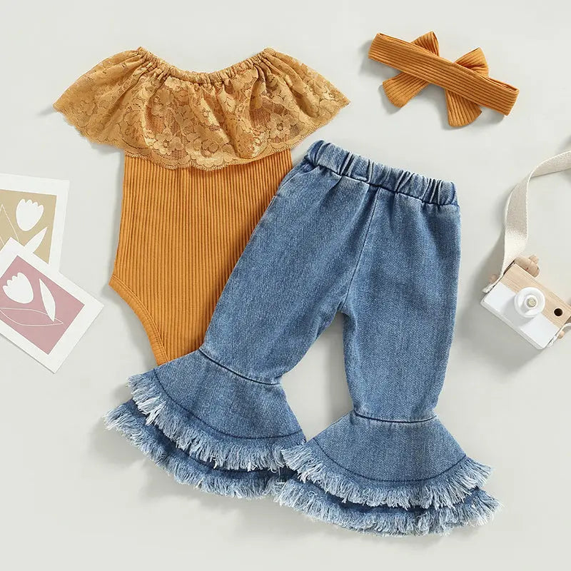 2023-01-07 Lioraitiin 0-24M Infant Baby Girls 3Pcs Summer Pants Set Sleeveless Lace Patchwork Romper with Tasseled Flare Pants