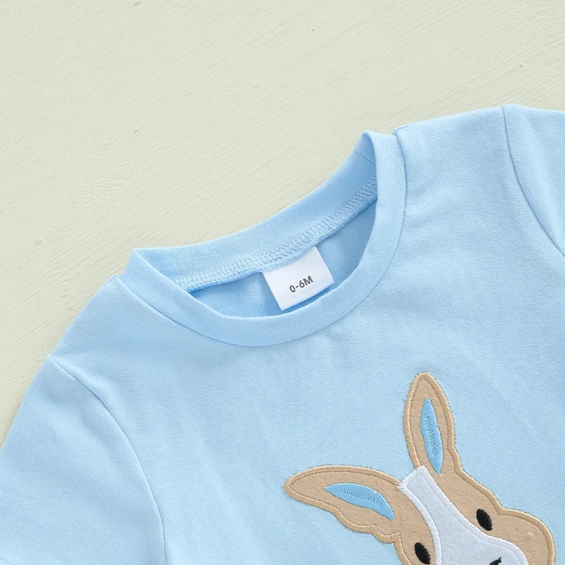 Toddler boy Easter outfit: short-sleeve bunny embroidery tee with plaid shorts for boys 0–3 years