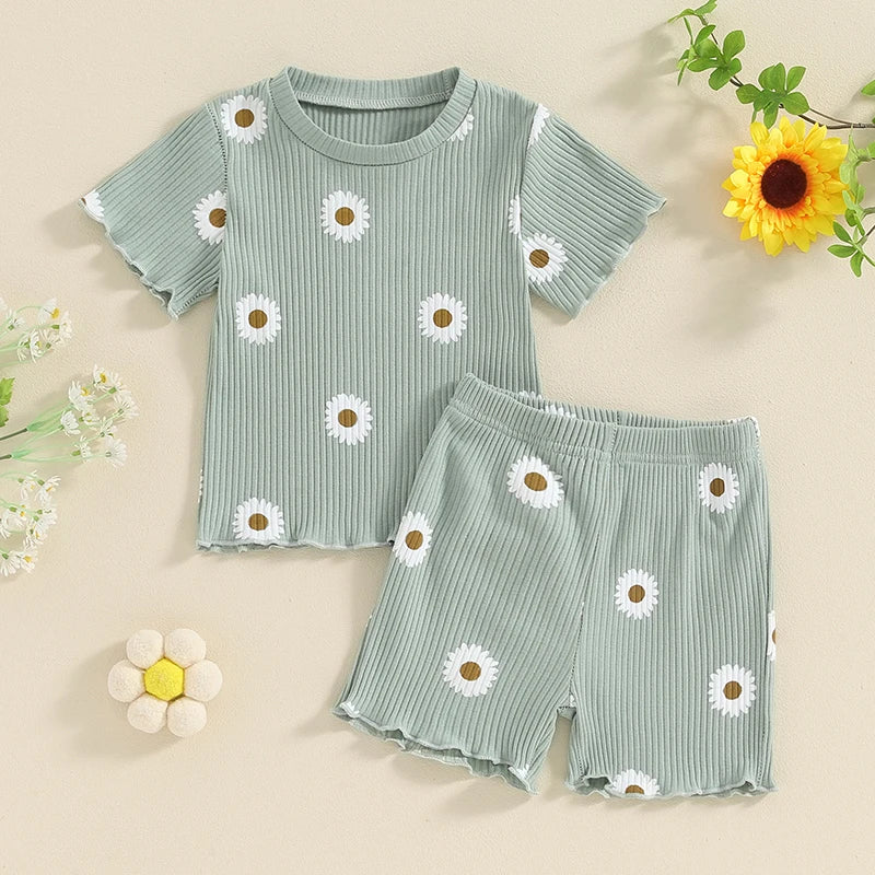Toddler baby girl summer outfit set with ribbed ruffle short sleeve top and matching shorts – cute infant clothing for girls