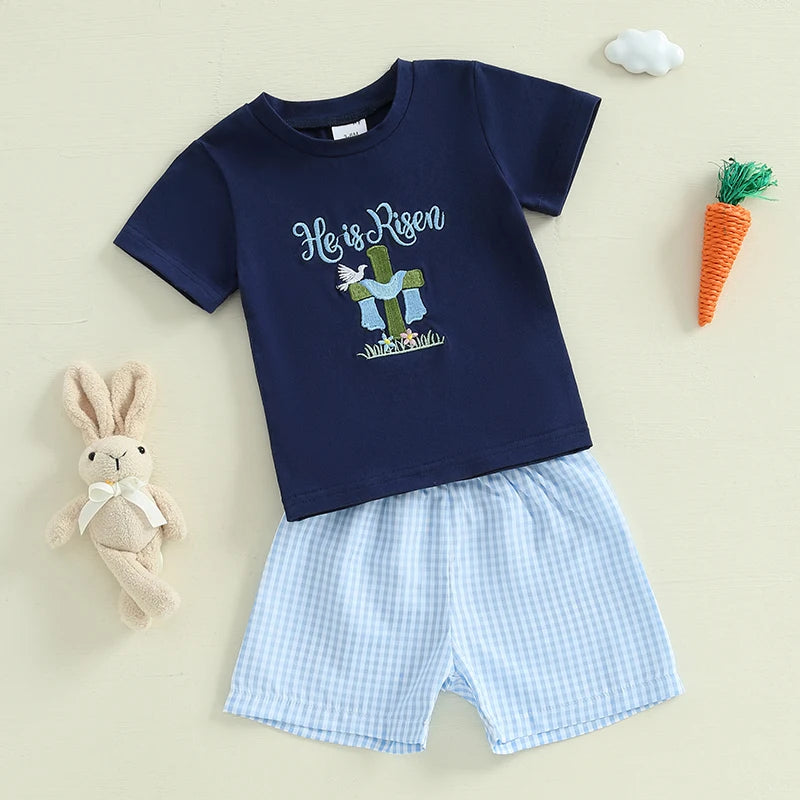 Toddler boy Easter outfit: short-sleeve bunny embroidery tee with plaid shorts for boys 0–3 years