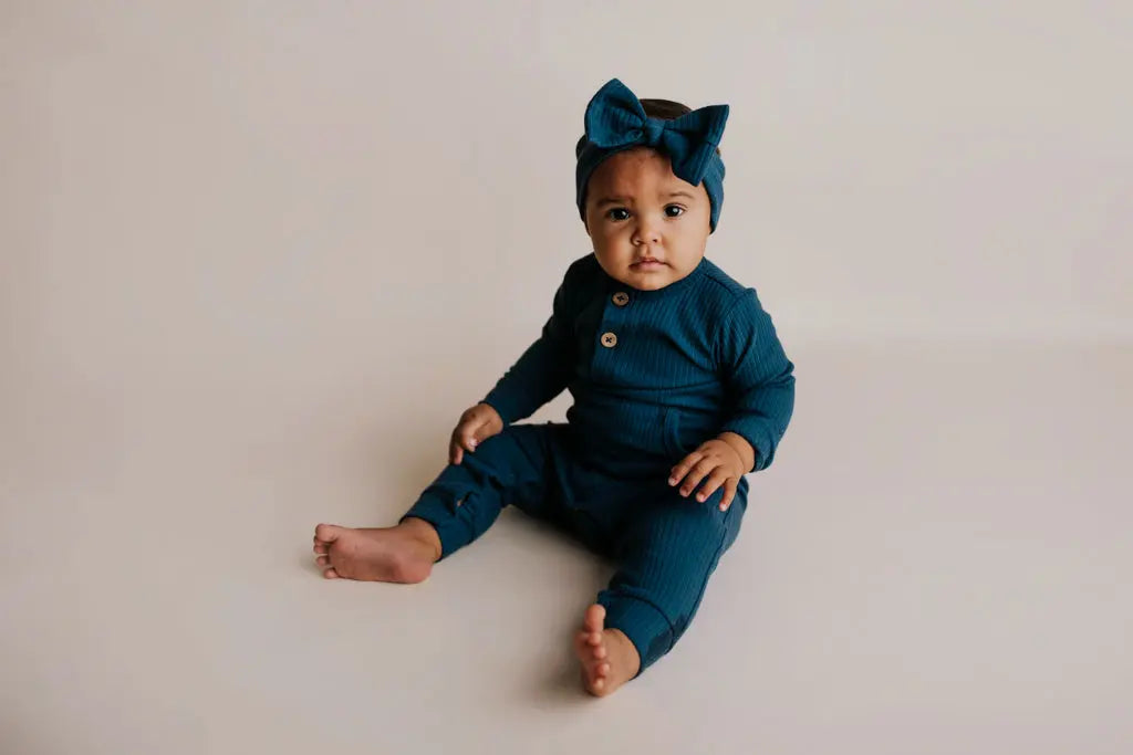 Navy Baby Ribbed Playsuit with pockets Three Little Tots