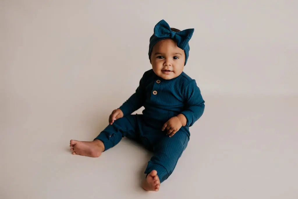 Navy Baby Ribbed Playsuit with pockets Three Little Tots