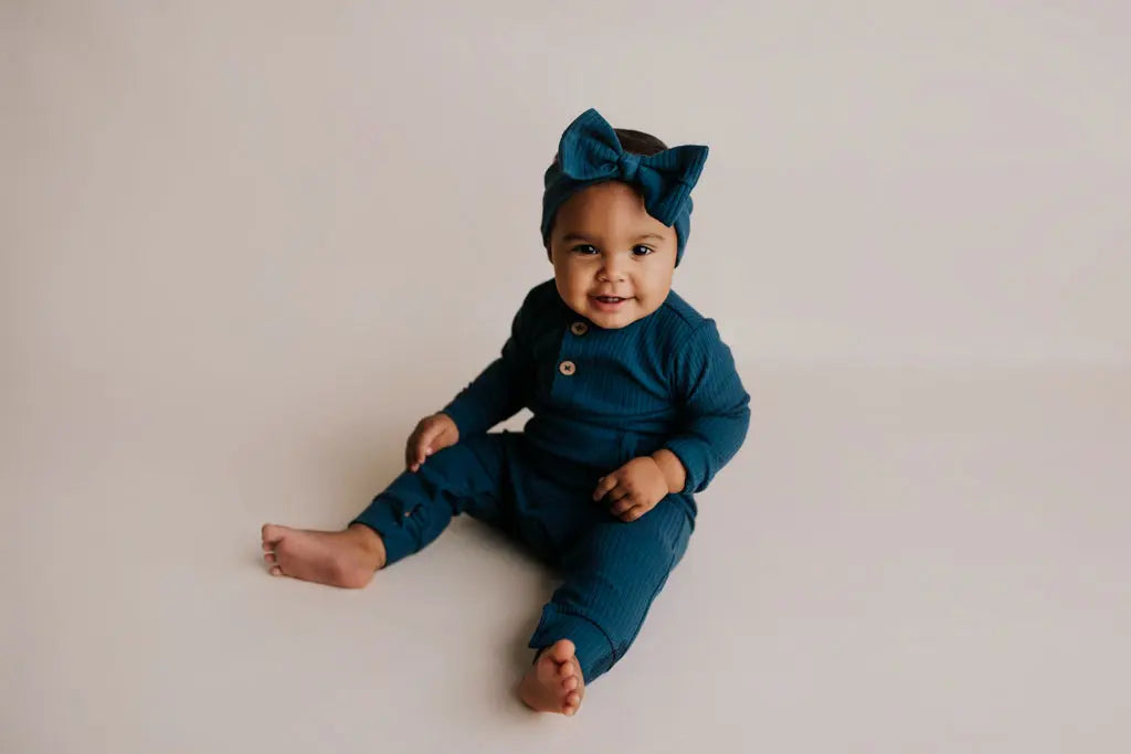 Navy Baby Ribbed Playsuit with pockets Three Little Tots