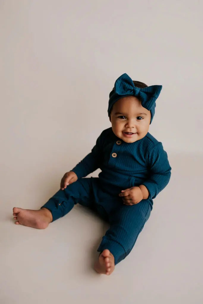 Navy Baby Ribbed Playsuit with pockets Three Little Tots