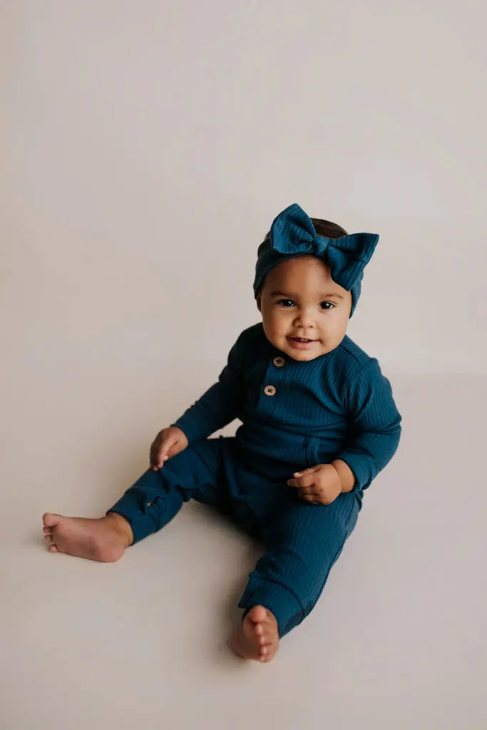 Navy Baby Ribbed Playsuit with pockets Three Little Tots