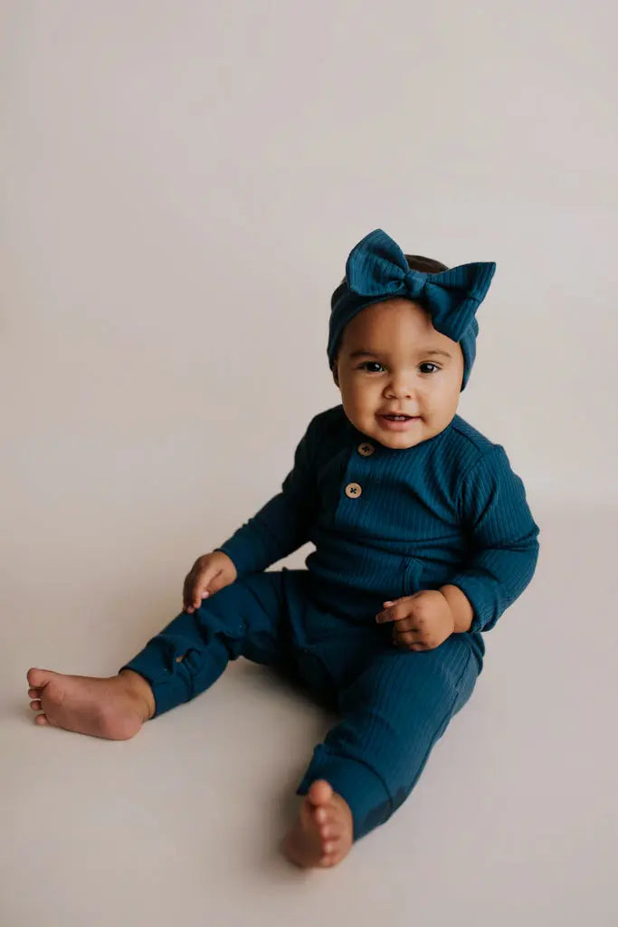 Navy Baby Ribbed Playsuit with pockets Three Little Tots