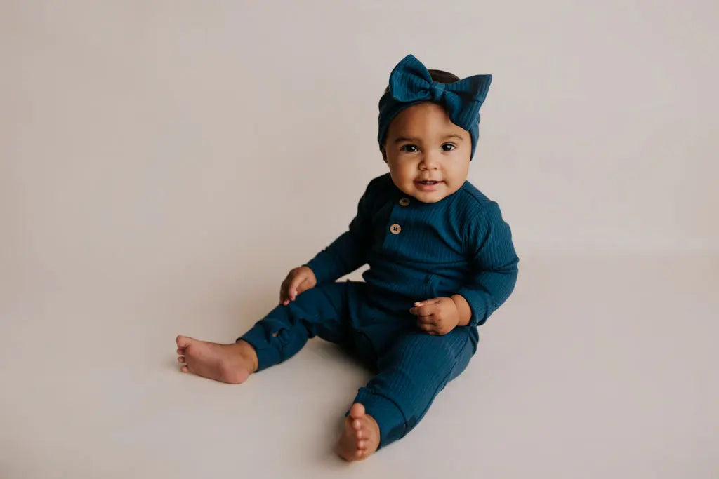 Navy Baby Ribbed Playsuit with pockets Three Little Tots
