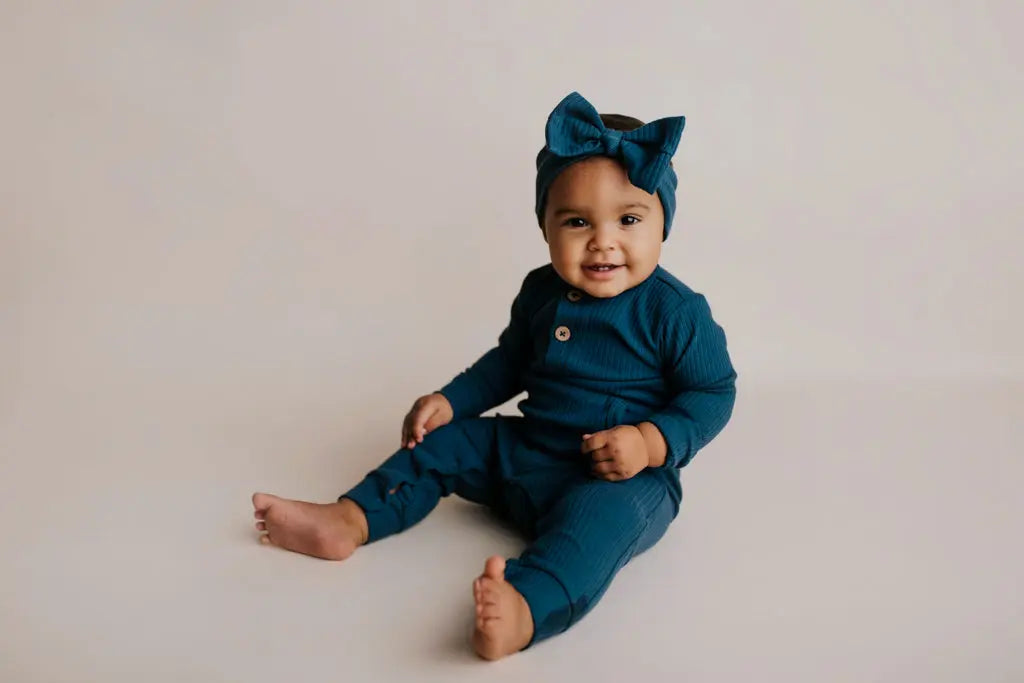 Navy Baby Ribbed Playsuit with pockets Three Little Tots