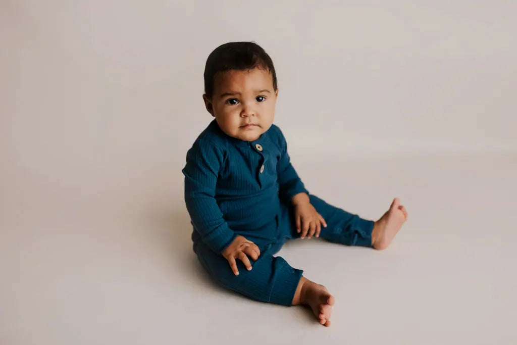 Navy Baby Ribbed Playsuit with pockets Three Little Tots