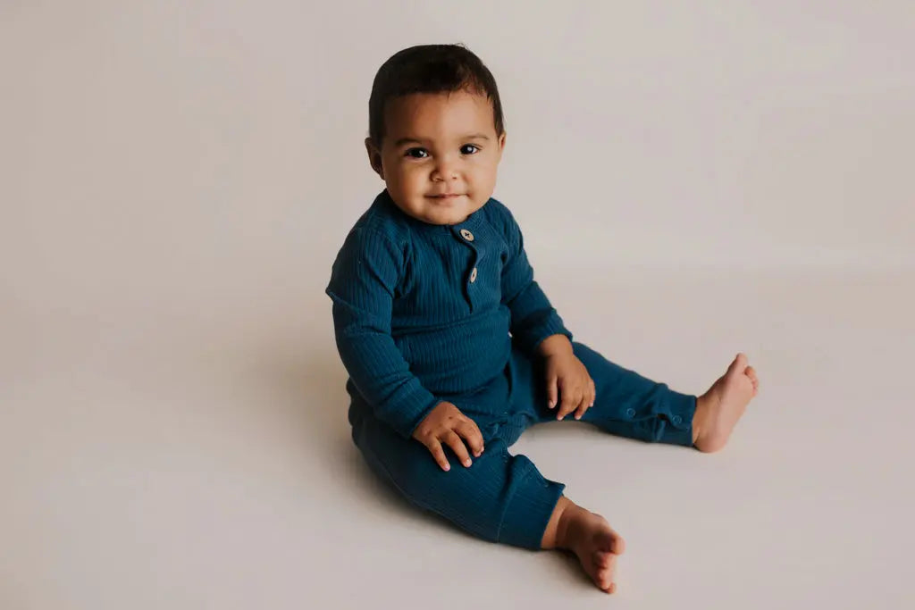 Navy Baby Ribbed Playsuit with pockets Three Little Tots