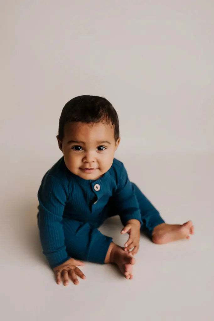 Navy Baby Ribbed Playsuit with pockets Three Little Tots