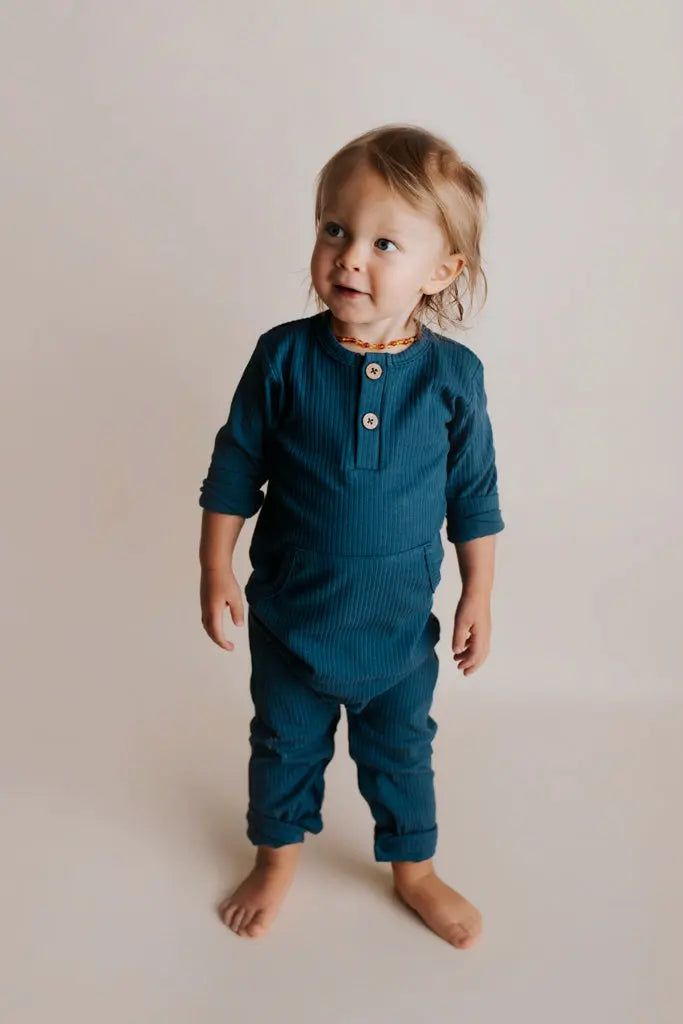 Navy Baby Ribbed Playsuit with pockets Three Little Tots