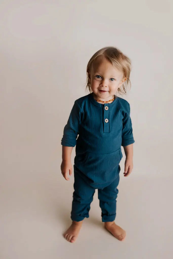 Navy Baby Ribbed Playsuit with pockets Three Little Tots