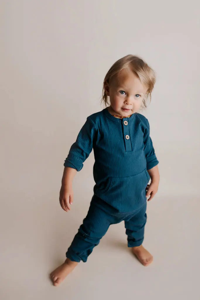 Navy Baby Ribbed Playsuit with pockets Three Little Tots