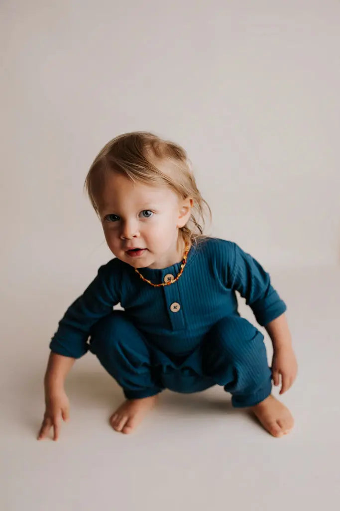 Navy Baby Ribbed Playsuit with pockets Three Little Tots