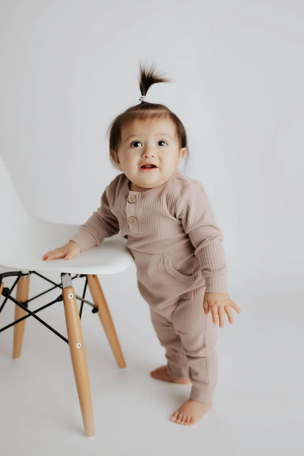 Mauve Baby Ribbed Playsuit with pockets Three Little Tots