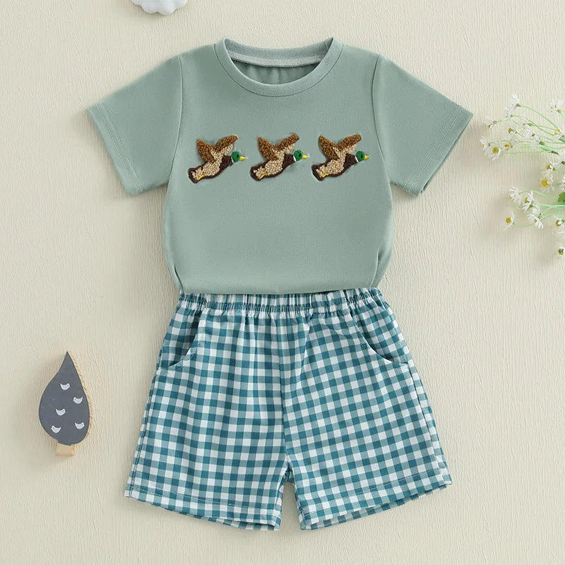 Lioraitiin Toddler Baby Boy Summer Set – Fish/Duck Embroidery Shirt + Shorts