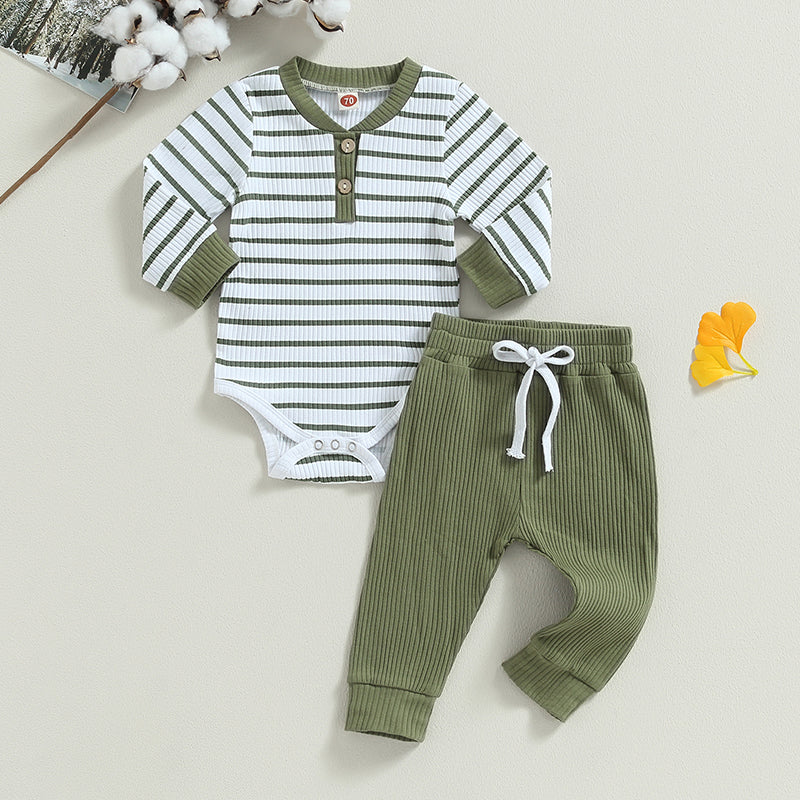 Lioraitiin Infant Baby Boy Fall Outfit – Striped Romper & Pants Set 0–24M