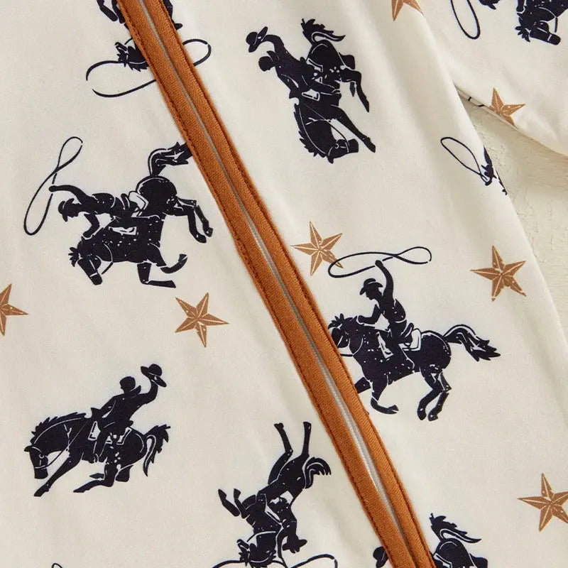 Toddler Baby Boy Zipper Romper Casual Western Cowboy Print Long Sleeve Jumpsuit Infant Fall Outfit