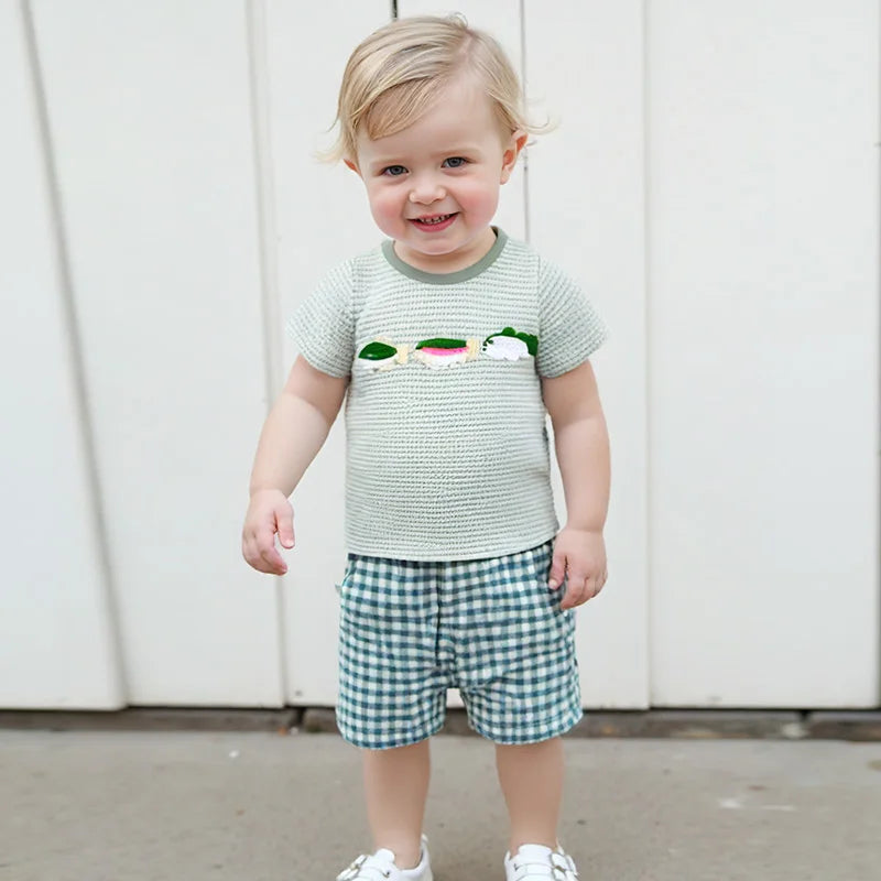 Lioraitiin Toddler Baby Boy Summer Set – Fish/Duck Embroidery Shirt + Shorts