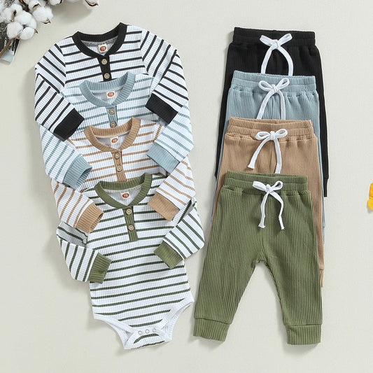 Infant boy fall outfit set: striped long-sleeve romper and matching pants for autumn wear