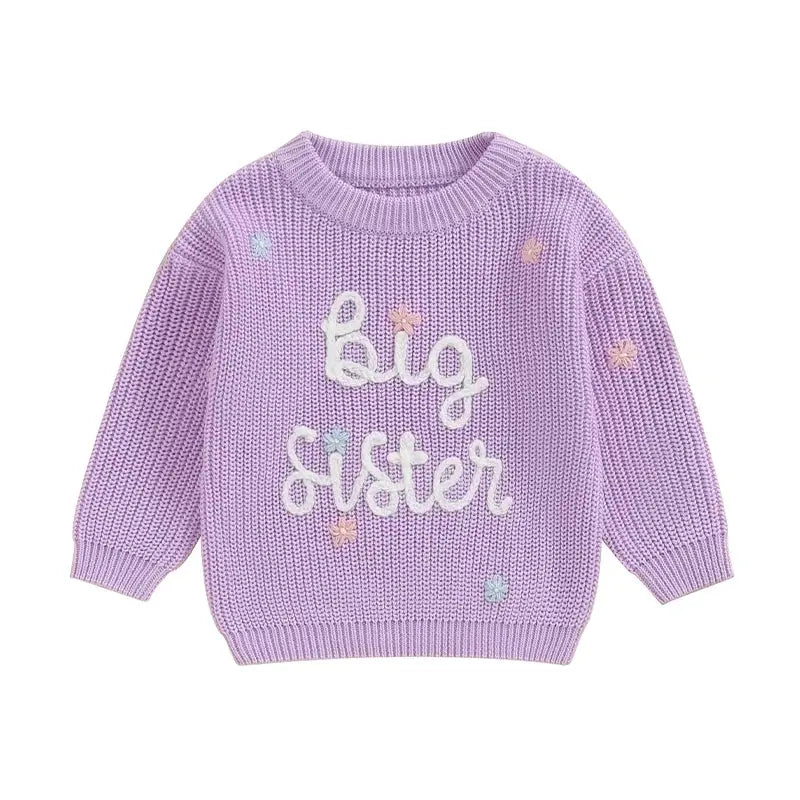 Big Sister Sweaters Cute Long Sleeve Letter Embroidery Knit Pullover Toddler Loose Tops
