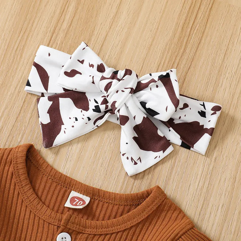 Citgeett Autumn Infant Baby Girls Jumpsuit Solid Color Ribbed Fly Sleeve Romper + Leopard Flare Pants Spring Clothes