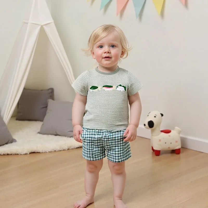 Lioraitiin Toddler Baby Boy Summer Set – Fish/Duck Embroidery Shirt + Shorts