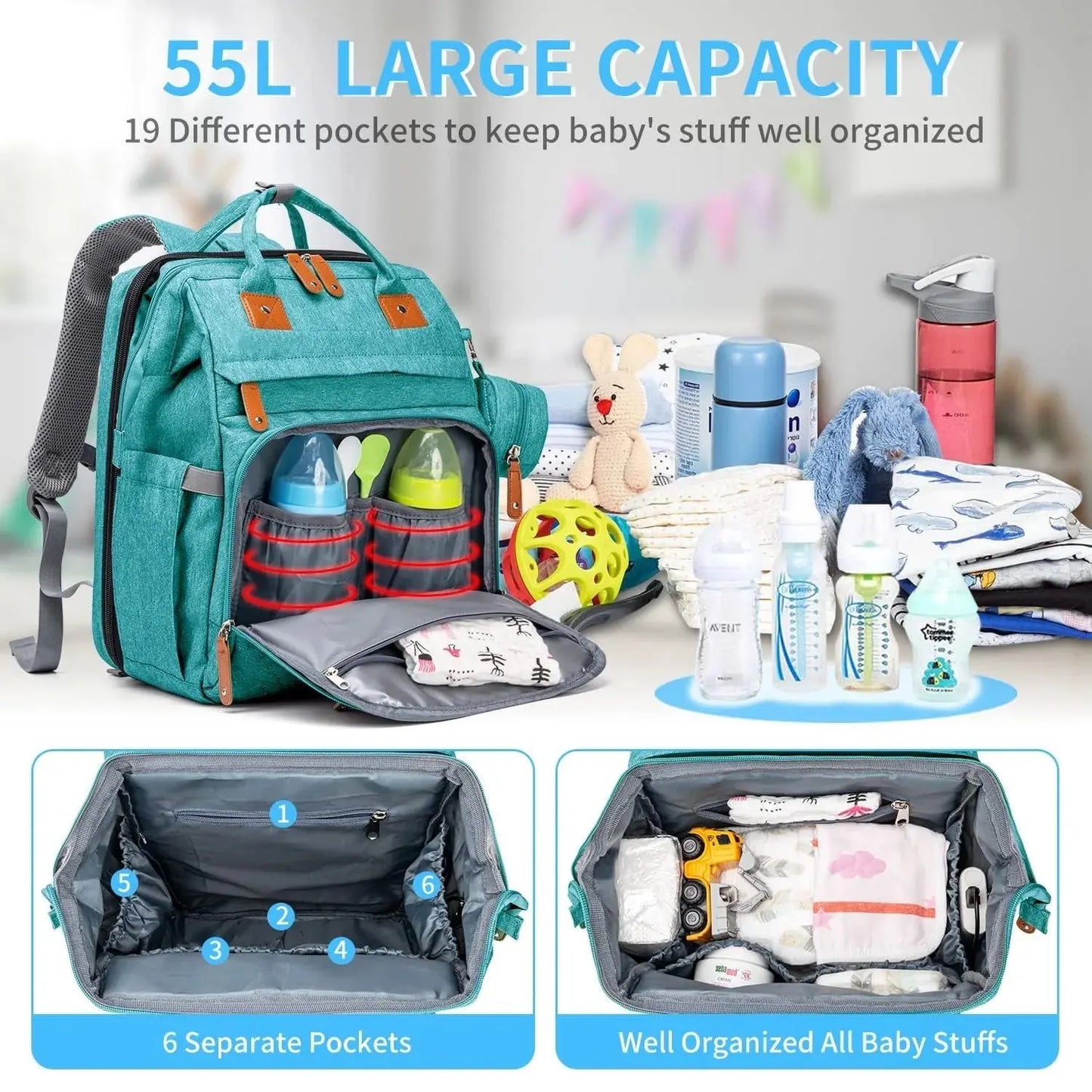 Baby Diaper Bags with Changing Station, Waterproof Large Capacity Diaper Bag Backpack for Moms Dads with USB Charging Port and Stroller Straps, Baby Shower Gifts ，Pink,Green,Blue