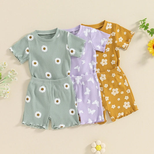 Toddler baby girl summer outfit set with ribbed ruffle short sleeve top and matching shorts – cute infant clothing for girls

