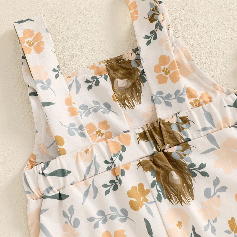 Baby girl cowgirl romper with cow-print bell-bottom overalls and adjustable suspenders – toddler Western outfit