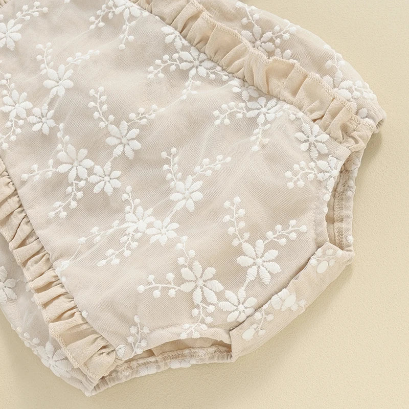 Baby girl lace embroidery romper with frills and fly sleeves – summer jumpsuit for infants 0–12 months