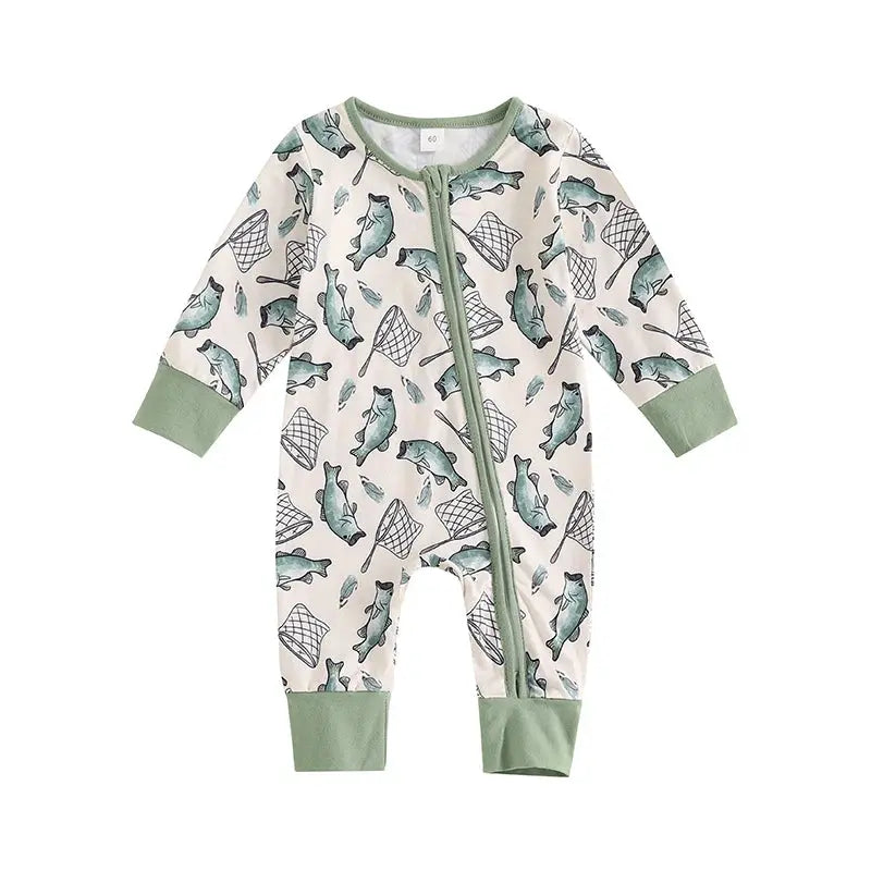 Baby Boys Autumn Casual Romper Long Sleeve Crew Neck Fish Print Oblique Zipper Jumpsuit