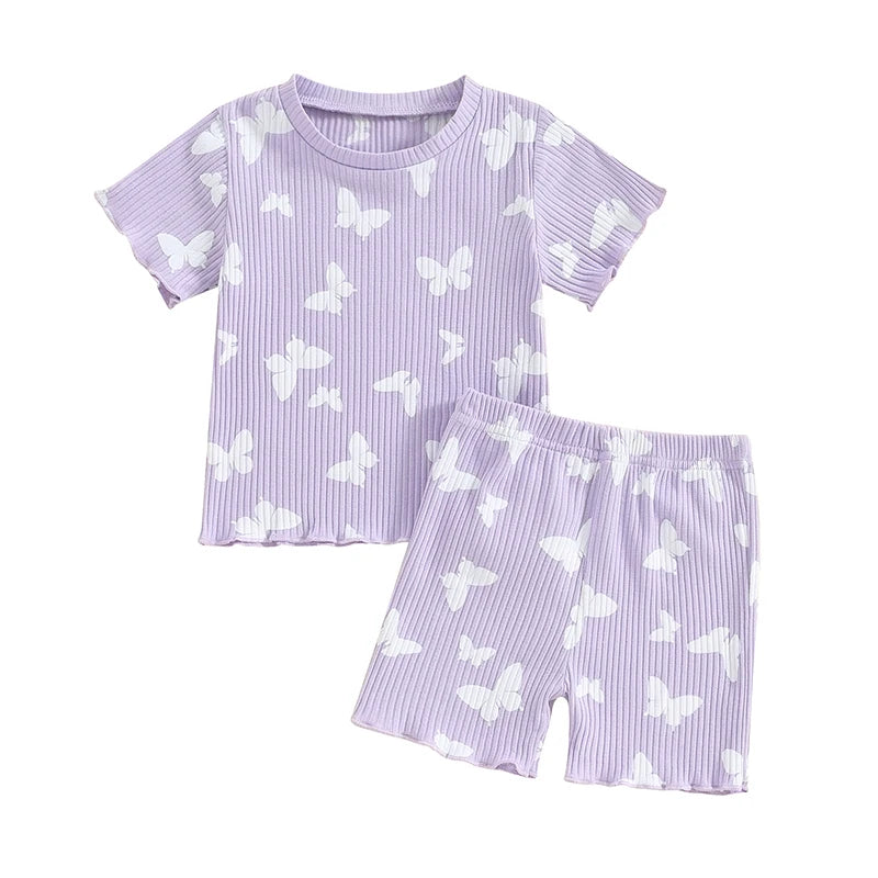 Cute Toddler Baby Girl Summer Outfit – Ruffle Ribbed Knit Top & Shorts Set
