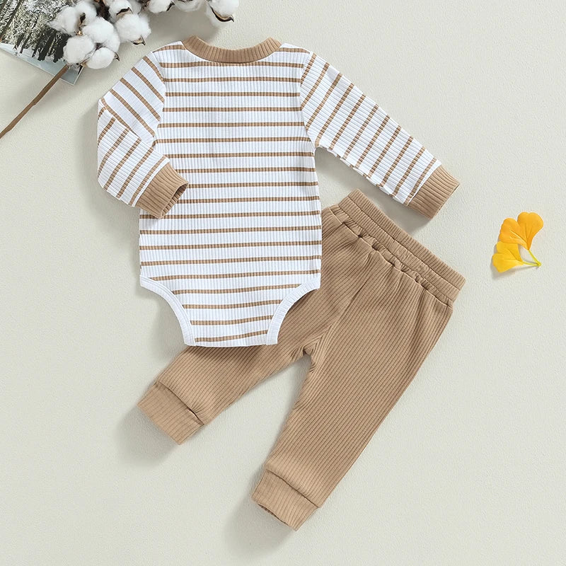 Infant boy fall outfit set: striped long-sleeve romper and matching pants for autumn wear