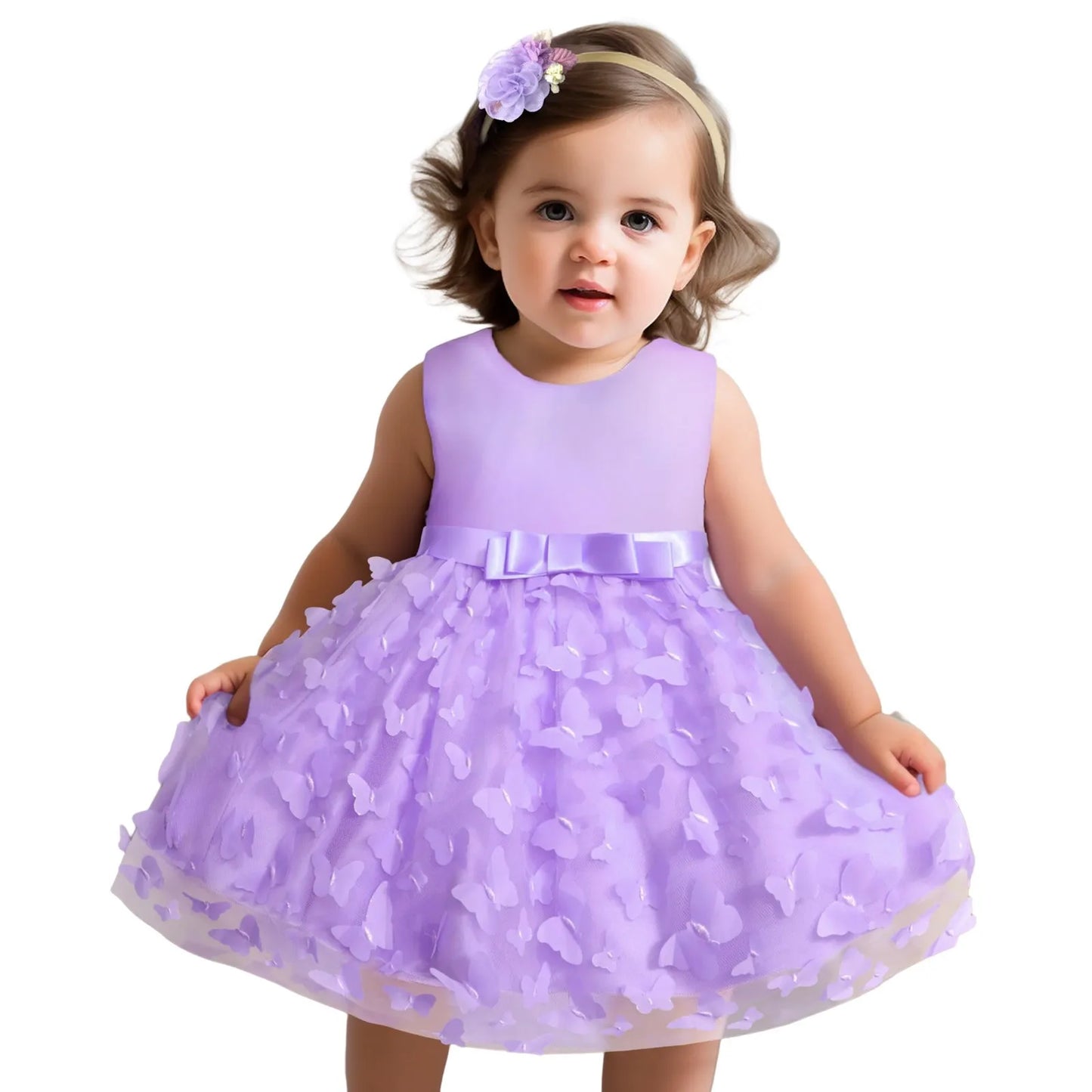 Elegant baby girl party dress with butterfly embroidery, tulle skirt, and bowknot for infant birthdays and pageants