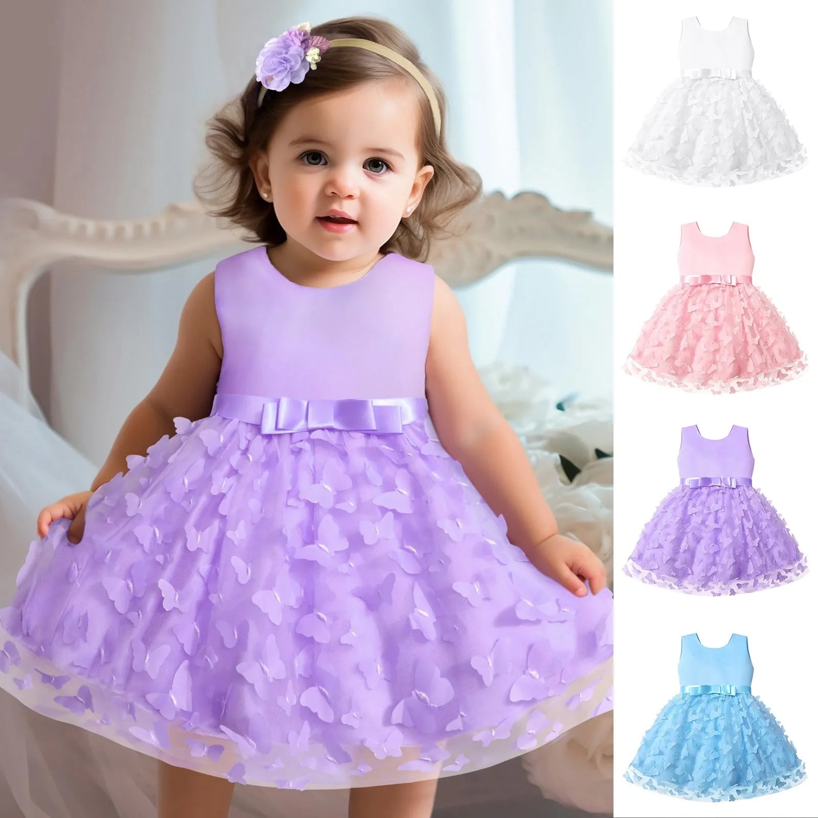 Elegant baby girl party dress with butterfly embroidery, tulle skirt, and bowknot for infant birthdays and pageants