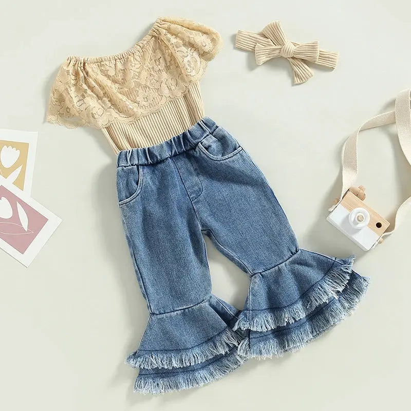 2023-01-07 Lioraitiin 0-24M Infant Baby Girls 3Pcs Summer Pants Set Sleeveless Lace Patchwork Romper with Tasseled Flare Pants