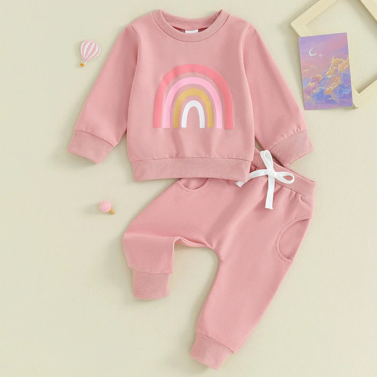 Citgeett Fall Outfits Long Sleeve Rainbow Print Sweatshirt + Pants Clothes Set