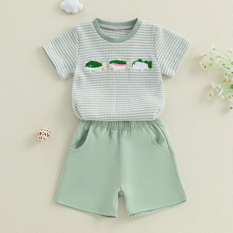 Lioraitiin Toddler Baby Boy Summer Set – Fish/Duck Embroidery Shirt + Shorts