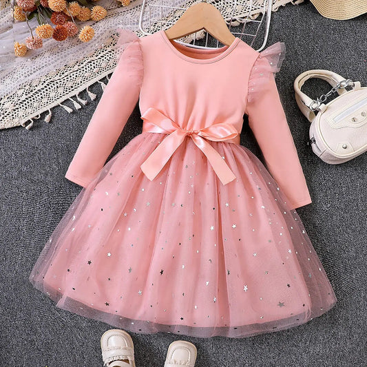 Girls Elegant Dresses Long Sleeve Sequin Design Tulle Bow Dress Christmas New Year Winter Party Girls Dresses