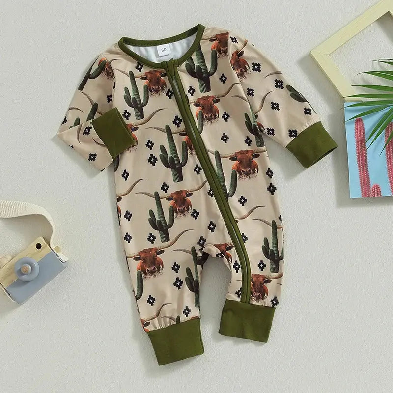 2023-07-18 Lioraitiin 0-12M Infant Baby Boys Jumpsuit Long Sleeve Cow/Horse Print Zipped Autumn Newborn Romper Clothes